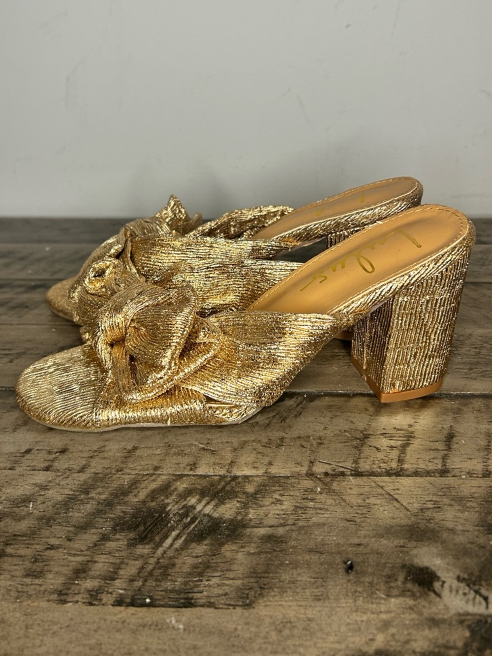 Lulu’s Gold Knot Front Block Heels